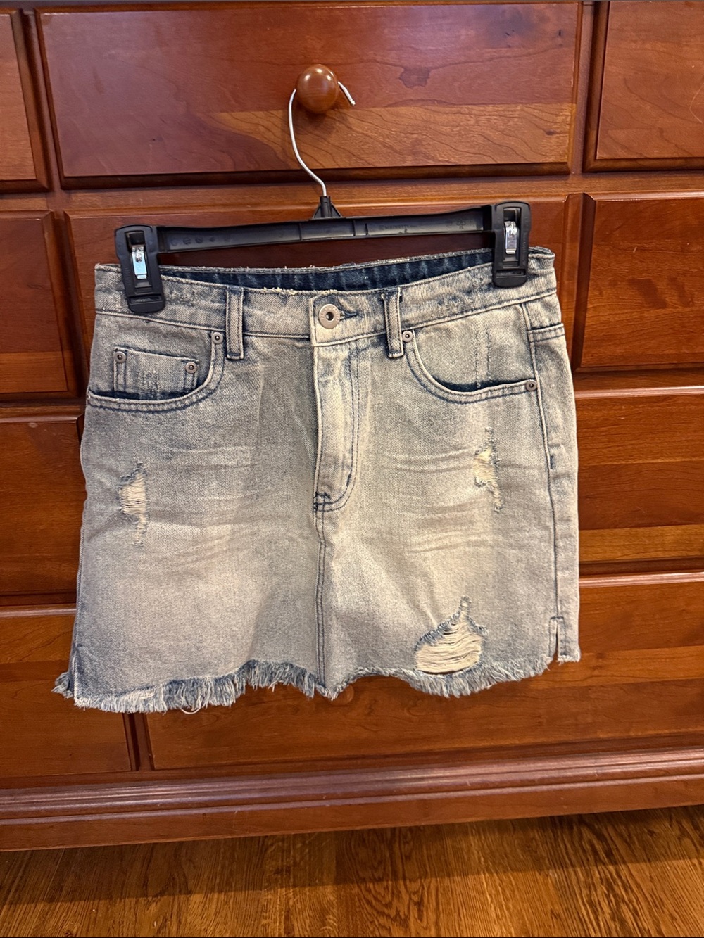 American Threads Washed Light Blue Distressed Denim Mini Skirt